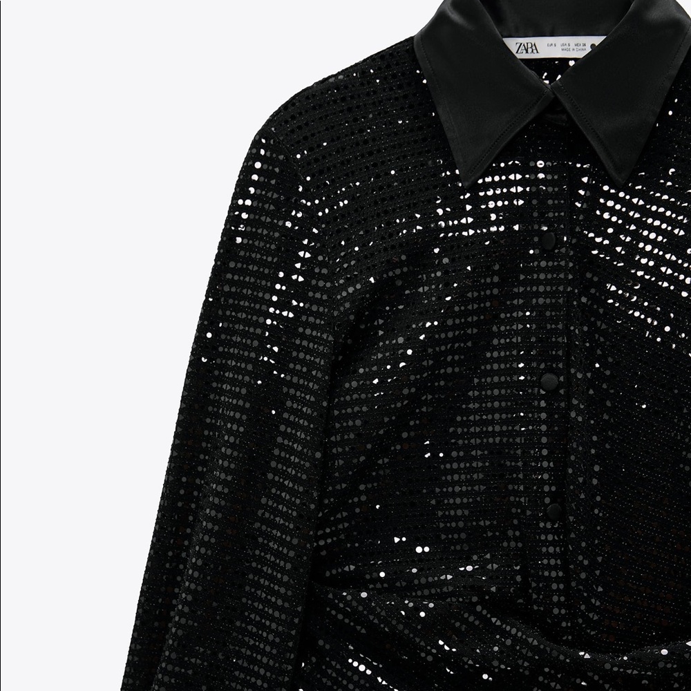 ZARA Black Sparkly Shirt Long Sleeve Dress - Picture 5 of 7